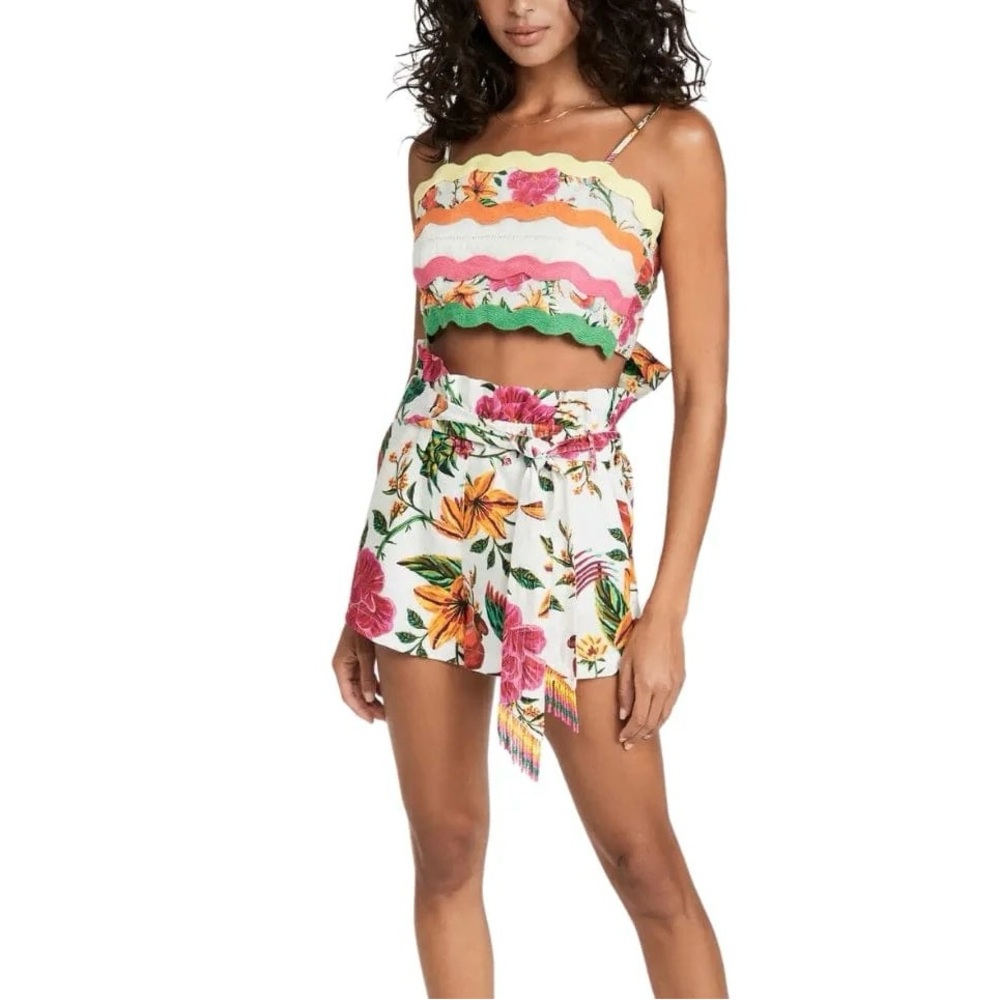 FARM Rio White Floral Two-Piece Romper with Pink, Orange & Green Accents